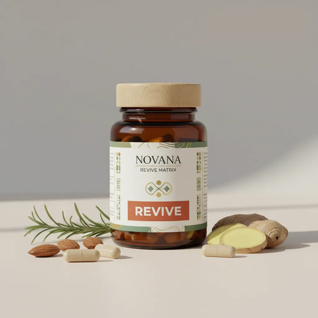 Novana Revive Matrix - 90 kapselin lasipurkki koostumuksen ainesosien vieressä